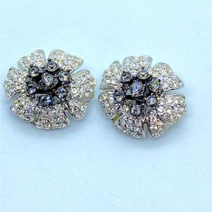 Vintage Nolan Miller Clear and Black Sparkling Crystal Silver Tone Clip Earrings